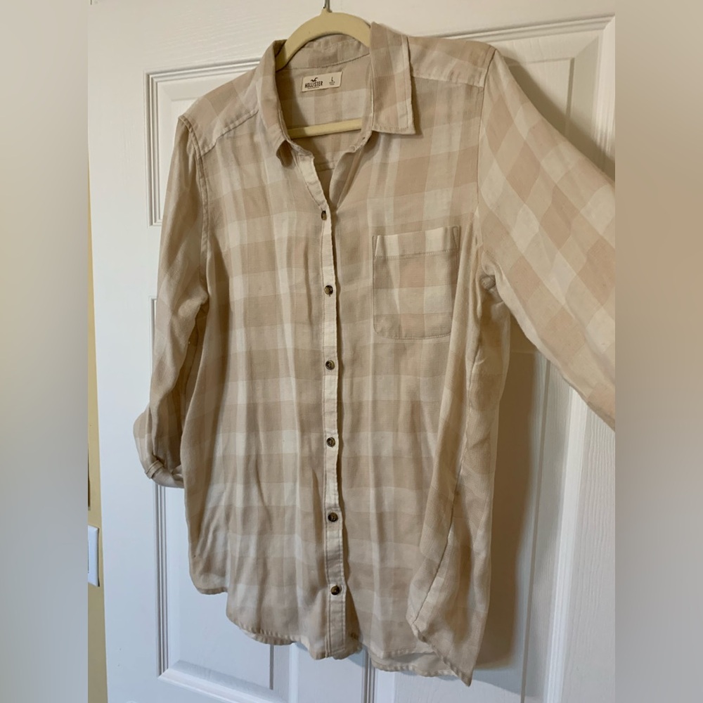 Hollister Light Tan Beige Checkered Long Sleeve Button Up Shirt Large Casual - Picture 5 of 9